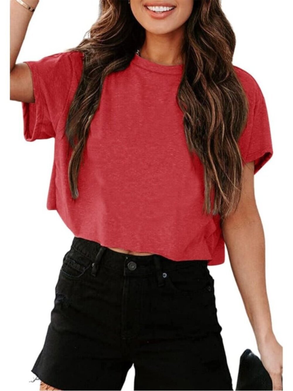 Women's Red Short Sleeve Crew Neck Loose Casual Drop Shoulder Crop Tops - Picture 1 of 4